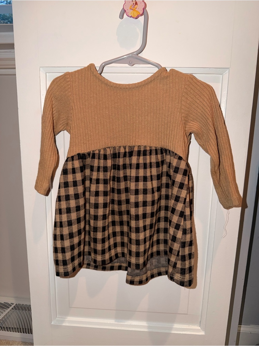 Zara Tan Ribbed Knit Baby Dress with Black Check Skirt